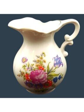 Vintage Porcelain Juice Milk Pitcher Creamer Decorative Floral w/ Gold Trim